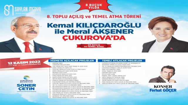 Bugün 17:30'da Çukurova Belediyesi önünde 8. Toplu Açılış ve Temel Atma Töreni yapılacak